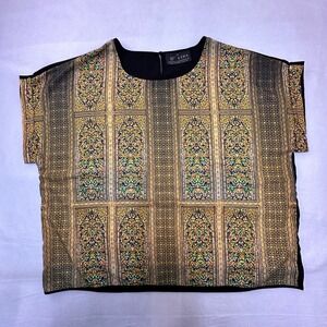 VIDA Womens 3XL Boxy Blouse Black Multi Arabesque PanelPrint Cap Sleeve Top